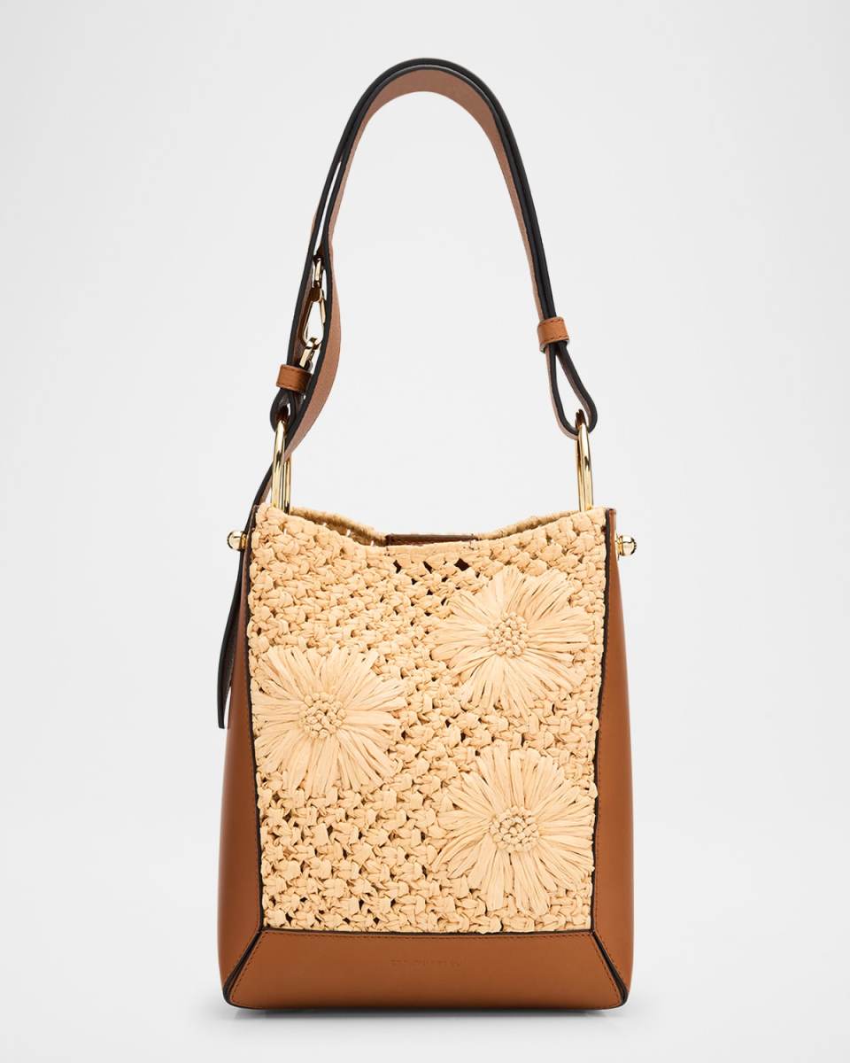 Lana Leather & Floral Raffia Midi Bucket Bag